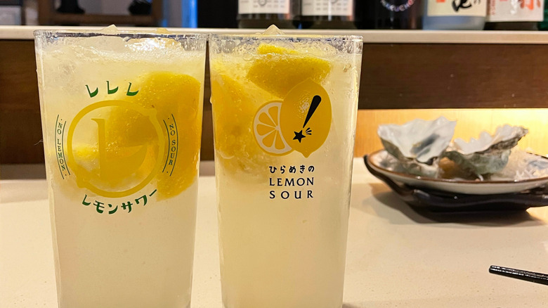 Two highball glasses of yuzu cocktails sits in front of a plate of oysters.