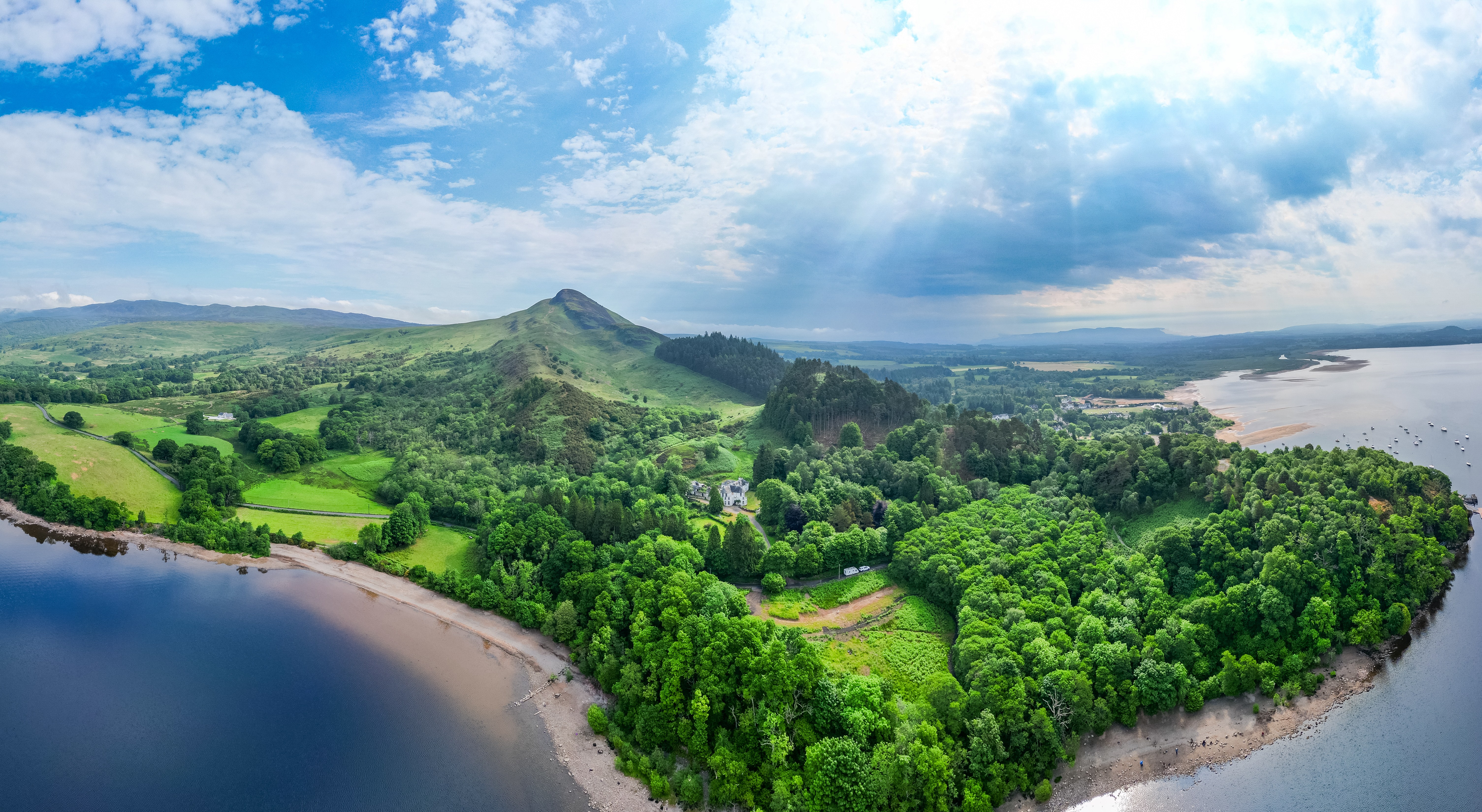 Aerial view of Loch Lomond and Conic Hill in Scotland.