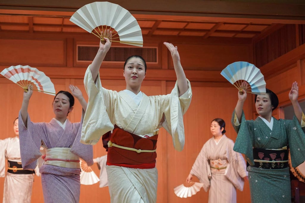 Geishas rehearsing before the 100th edition of the Azuma Odori festival at the Shinbashi Enbujo Theatre in Tokyo. Photo: AFP