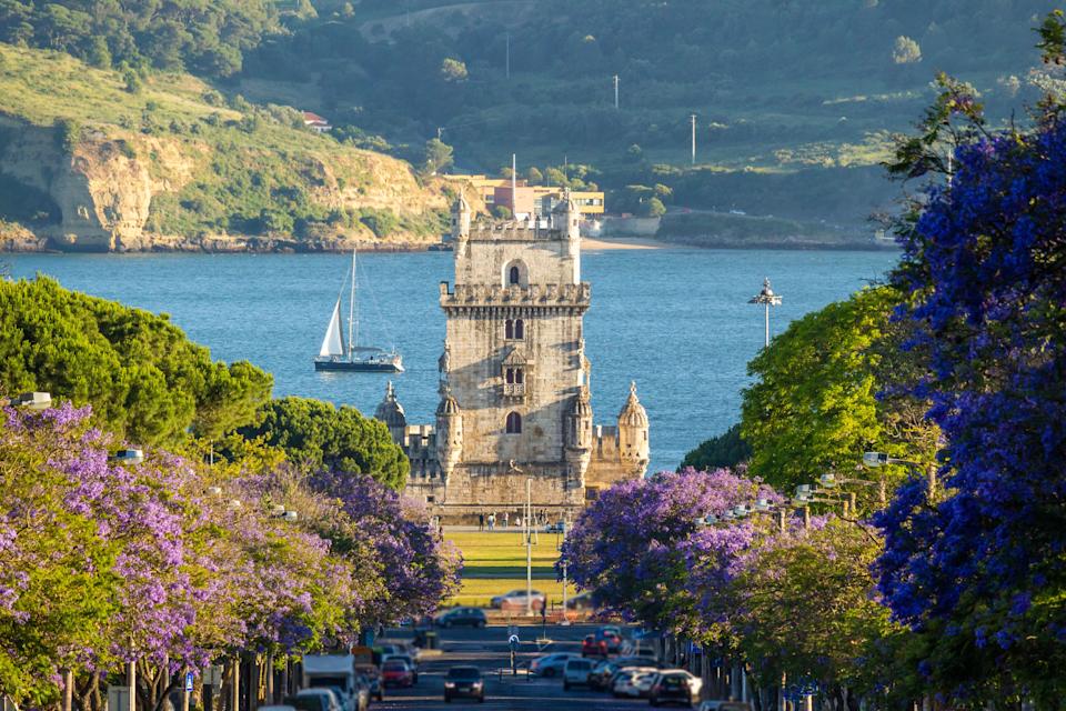 A sunny evening looking out towards Belem Tower alongside Jacaranda blooming trees in Lisbon, Portugal.