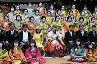 Aoi Matsuri festival's heroine Saio-Dai, dressed in a 12-layered kimono, center, poses for a commemorative photo with Princess Akiko of Mikasa, center left, and others at Kamigamo Jinja shrine in Kyoto's Kita Ward on May 4, 2025, after a purification ritual. (Mainichi/Tsutomu Koseki)