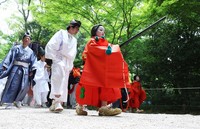 The procession parades through a forest at Shimogamo Jinja shrine in Kyoto's Sakyo Ward on May 15, 2025, as part of the Aoi Matsuri festival. (Mainichi/Ririko Maeda)