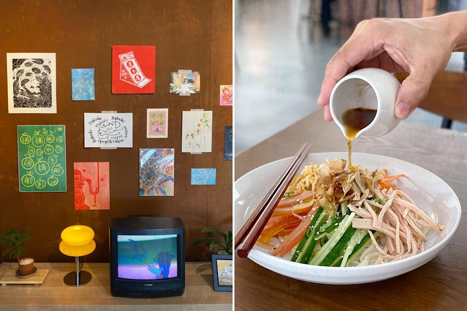Wall of artwork (left). Pour the homemade dressing before mixing (right). — Pictures by CK Lim