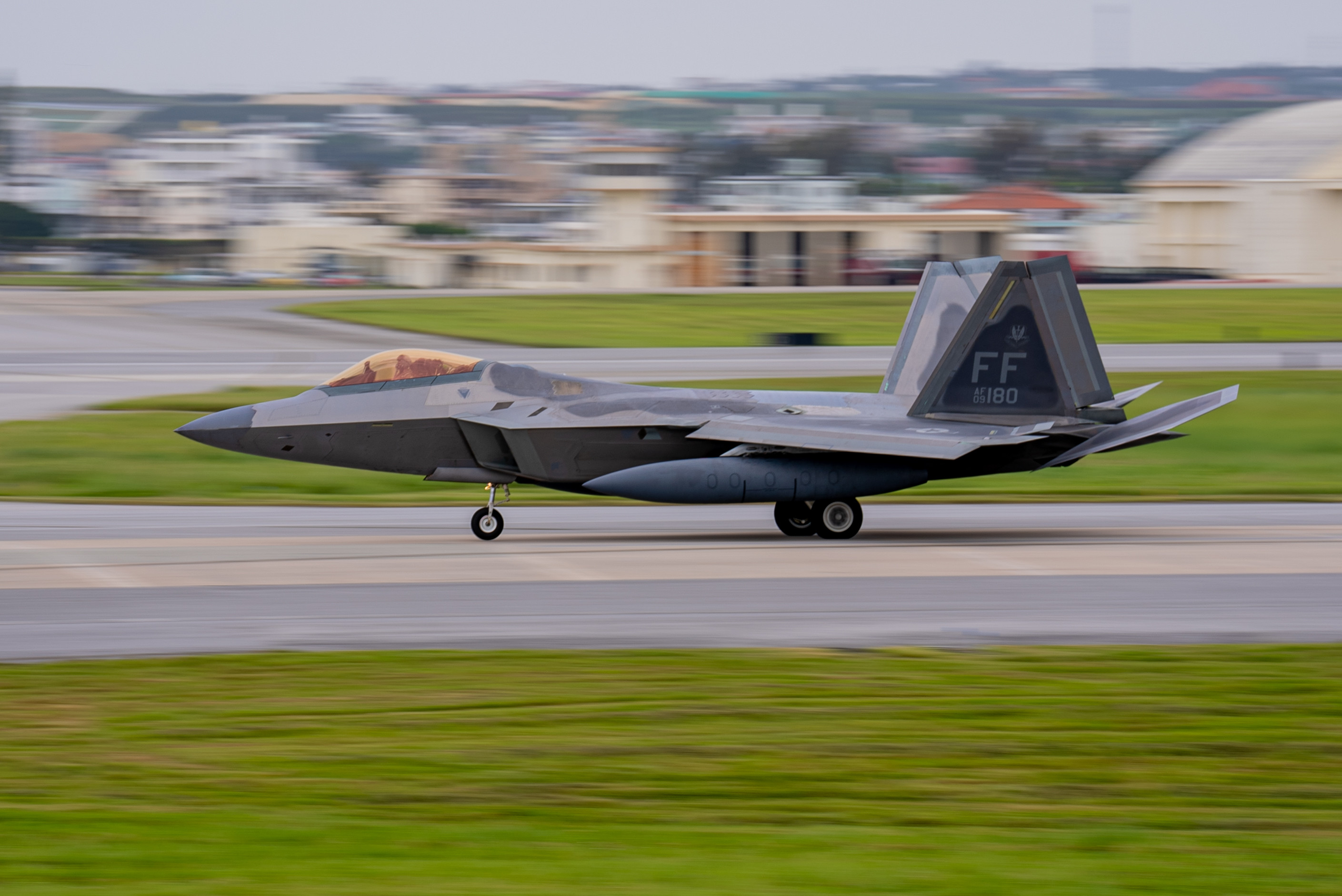 A U.S. F-22A Raptor assigned to the 27th Fighter Squadron arrives at Kadena Air Base, Japan, April 20, 2024. As the 18th Wing continues the phased return of Kadena’s fleet of F-15C/D Eagles, the Department of Defense will maintain a steady-state fighter presence in the Indo-Pacific region by temporarily deploying aircraft to maintain deterrence capabilities and added flexibility in a dynamic theater. (U.S. Air Force photo by Senior Airman Cedrique Oldaker)
