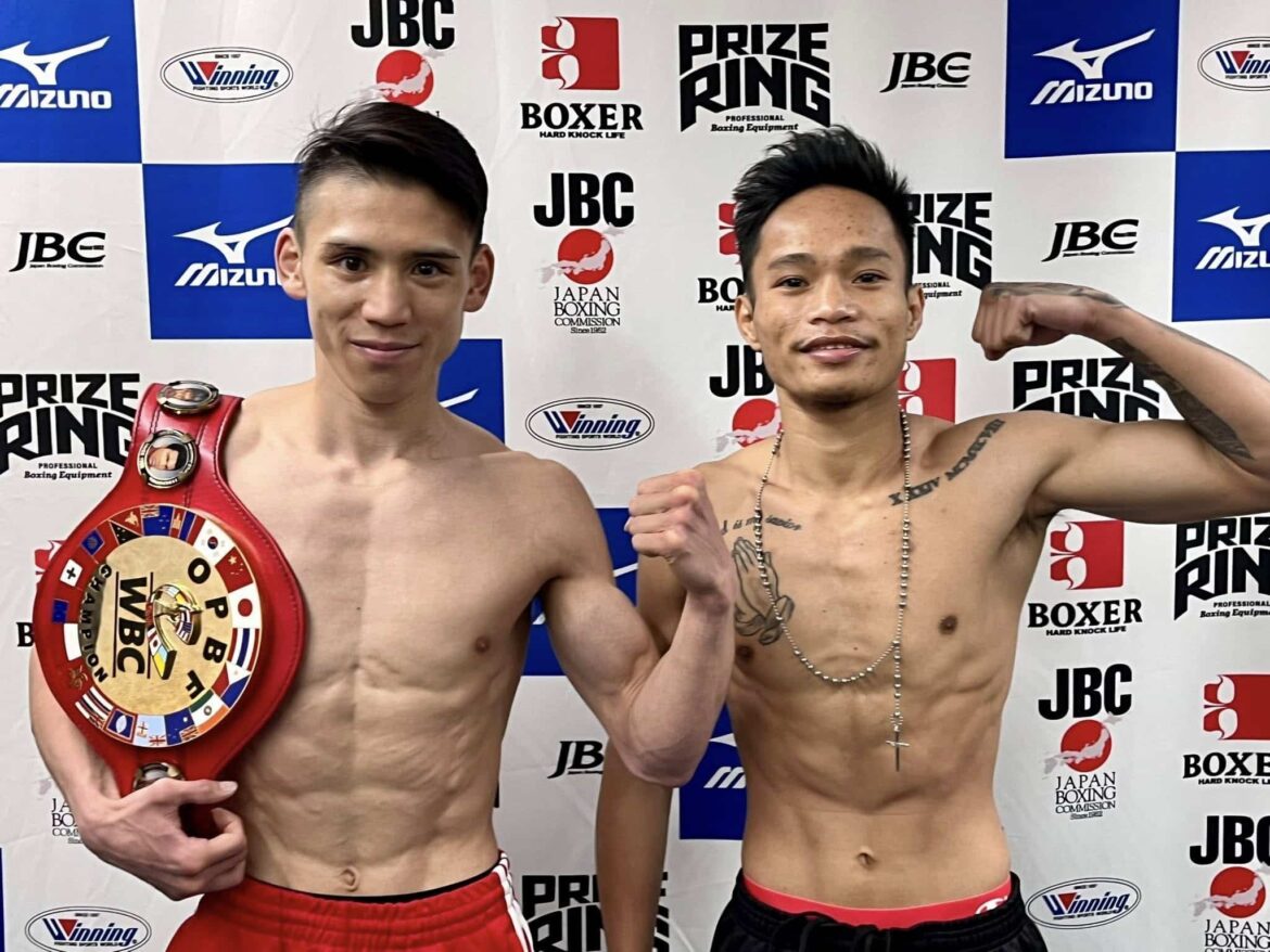 Tokyo rematch set for May 3 Jukiya Iimura (left) and Esneth Domingo (right) strike a pose during the official weigh-in.