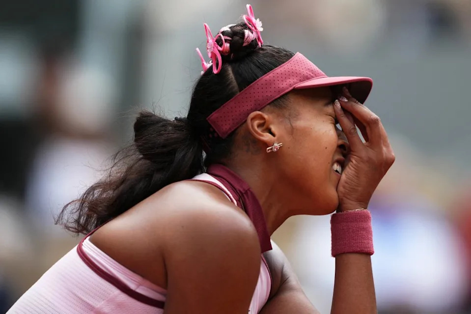 Japan’s Naomi Osaka gets emotional during her women’s singles match against Spain’s Paula Badosa at the 2025 French Open on Court Philippe-Chatrier at the Roland-Garros Complex in Paris on May 26, 2025. AFP via Getty Images