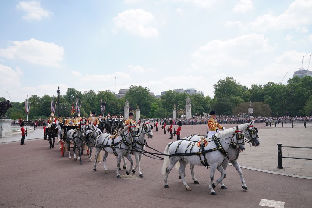 Members of the military arriving at Buckingham Palace during the ceremonial welcome for the Japan state visit