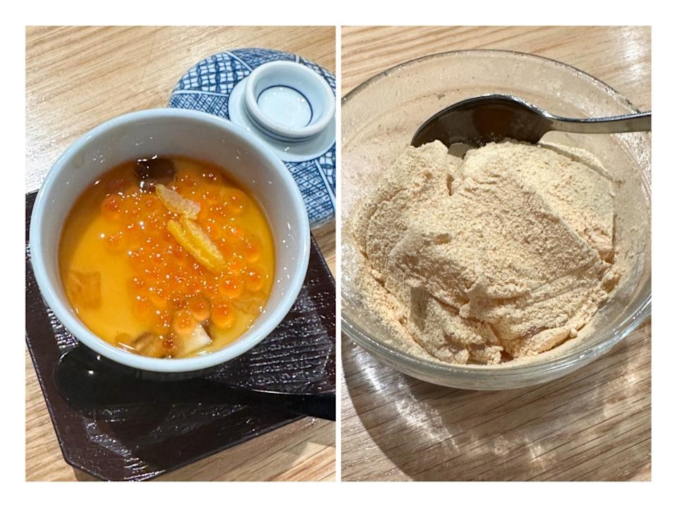 Ikura Chawanmushi (left) is silky smooth with a layer of briny 'ikura' and Tenshi no Warabimochi (right) is the ideal dessert to end the night here with its ultra wobbly texture. — Picture by Lee Khang Yi