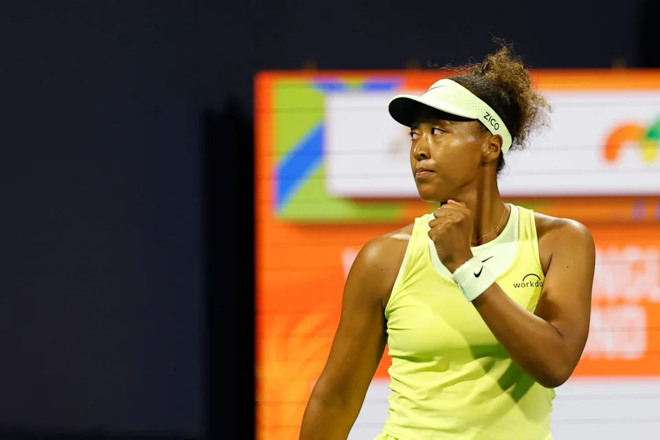 Naomi Osaka (JPN) reacts after winning the first set against Liudmila Samsonova (not pictured) on day three of the Miami Open at Hard Rock Stadium. Mandatory Credit: Geoff Burke-Imagn ImagesGeoff Burke-Imagn Images