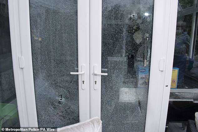 Damage to the kitchen door at Allen's home following the shooting, including visible bullet holes. One hit him in the neck