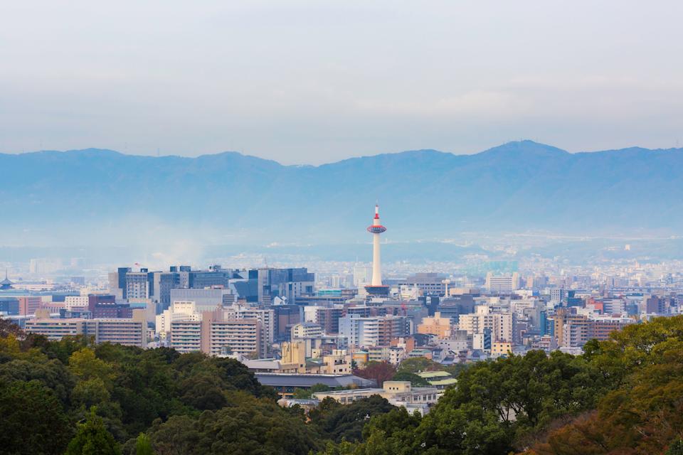 Overlooking Kyoto's city and tower with autumn trees in Japan.