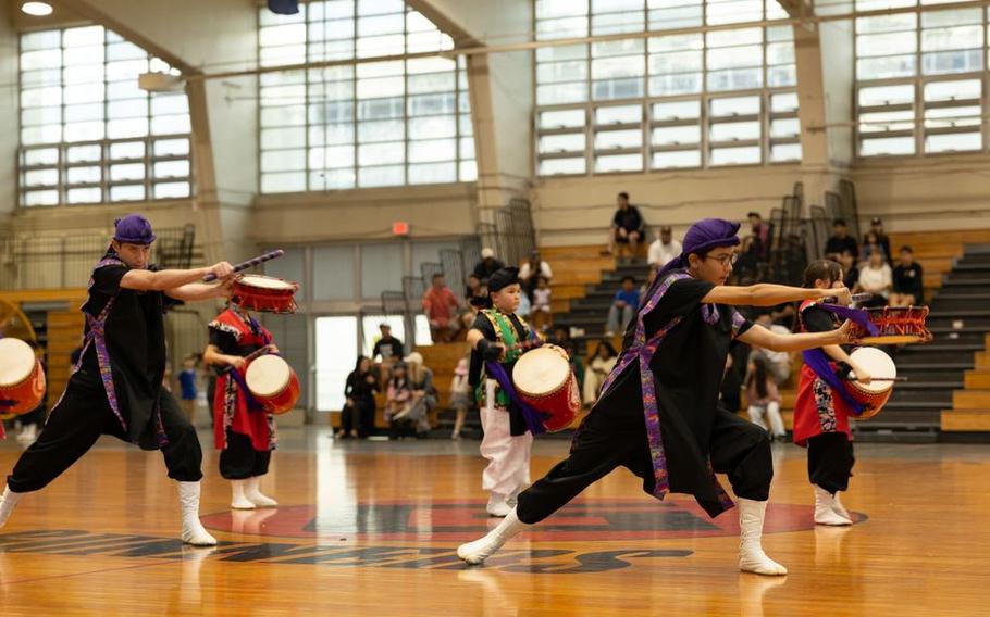 Shimedaiko drummers with Firebird Drummers Eisa Group, perform during a Mother’s Day Eisa event on Camp Foster, Okinawa, Japan, May 11, 2025. The performance was held in honor of Mother’s Day and featured Eisa, a traditional Okinawan folk dance that involves singing, dancing and chanting while wearing colorful costumes and interacting with the community.
