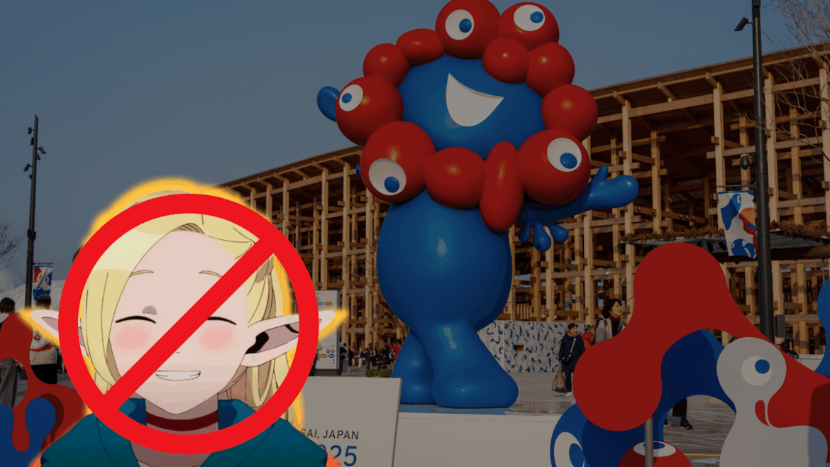 Why a Marcille Cosplay at Osaka Expo Resulted in Death Threats A Myaku Myaku statue from Osaka Expo with a picture of Marcille from the anime Delicious in Dungeon superimposed. Marcille's face has a ban sticker placed over it.