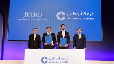 MOU signing between Abu Dhabi Chamber and JETRO at the Abu Dhabi Business Connect conference in Tokyo, Japan. Chris Whiteoak / The National