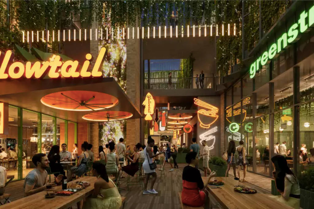 Rendering shows of what the GreenStreet redevelopment project could look like in Houston with bustling energy, lush detail, and bright neon. 