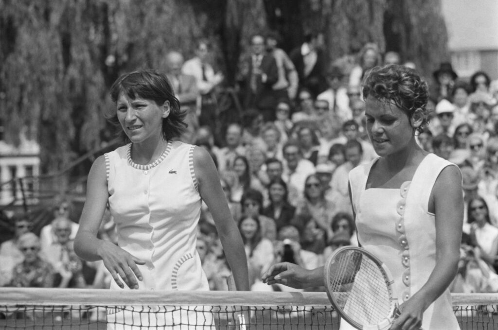 Olga Morozova and Evonne Goolagong meeting at the net after the Women's Singles Final At Queen's Club in 1973