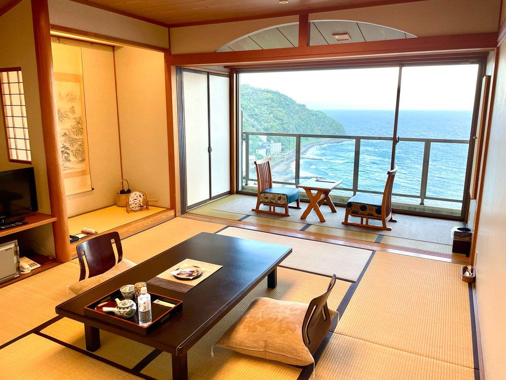 A local inn with traditional futons rolled out on tatami-mat floors. 