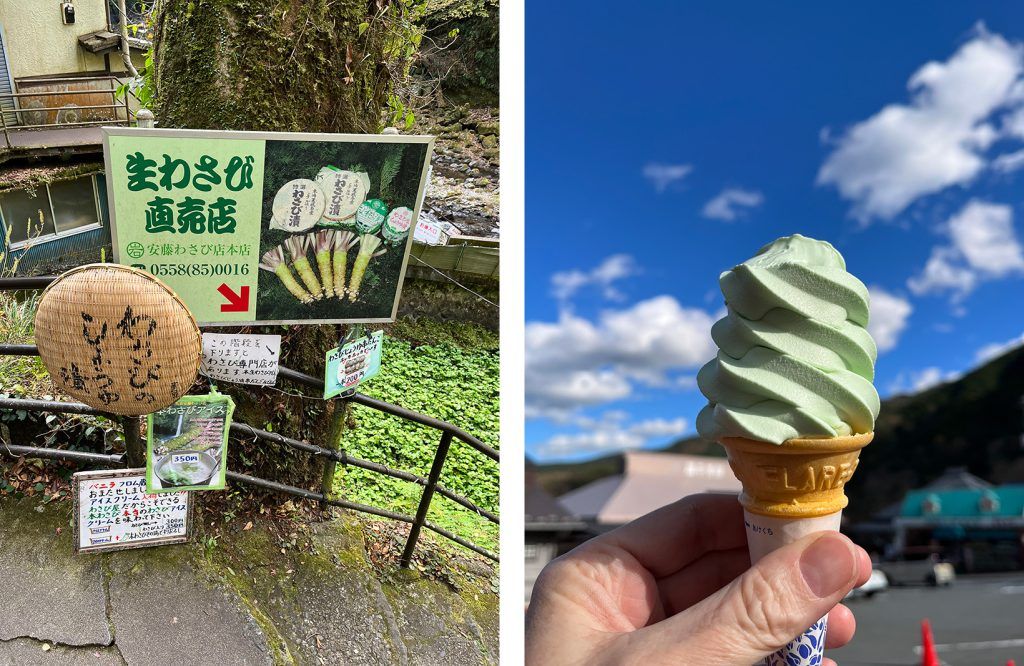 Wasabi farms can be found across Izu (left); wasabi soft-serve ice cream (right)