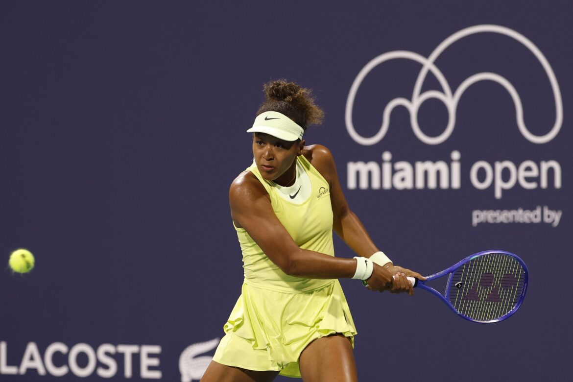Mar 20, 2025; Miami, FL, USA; Naomi Osaka (JPN) hits a backhand against Liudmila Samsonova (not pictured) on day three of the Miami Open at Hard Rock Stadium.