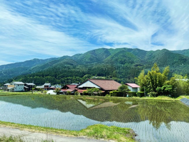 A river and houses in rural Central Japan, in Nagoya