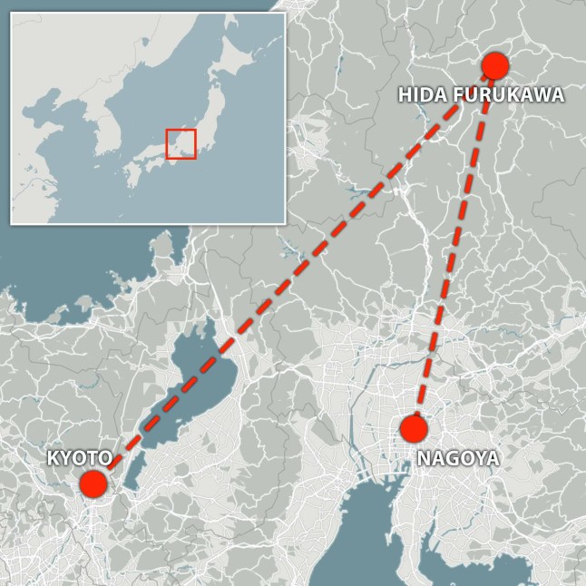 A map showing Ella Millward's journey in Japan, from Nagoya to Kyoto