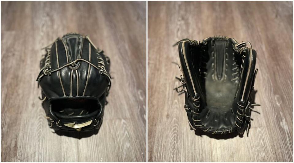 Mizuki Akatsuka's six finger baseball glove he uses to pitch with for both his right and left hand.