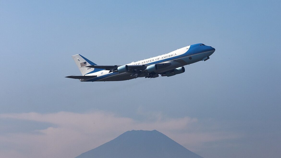 Air Force One flying over Mount Fuji, Japan.