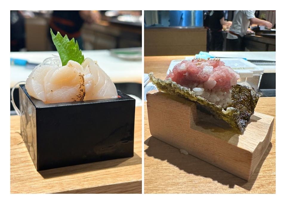 Plump, sweet tasting Hotate (left) is lightly torched and Tuna and Onion Sushi Taco (right) is a riot of textures with creamy chopped tuna and crunchy fried seaweed. — Picture by Lee Khang Yi
