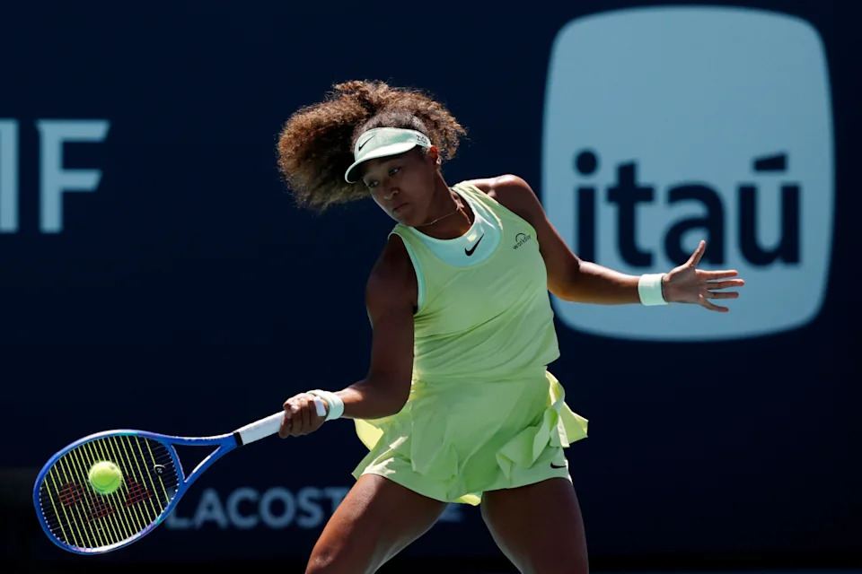 Naomi Osaka (JPN) hits a forehand against Yulia Starodubtseva (UKR) (not pictured) on day one of the Miami Open at Hard Rock Stadium. Mandatory Credit: Geoff Burke-Imagn ImagesGeoff Burke-Imagn Images