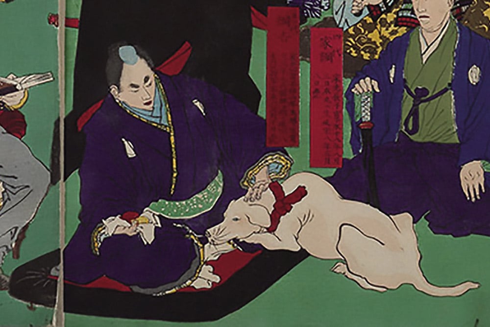 A woodblock print features a samurai with a shaven head in thick kimono, being the shogun Tokugawa Tsunayoshi, petting a dog.