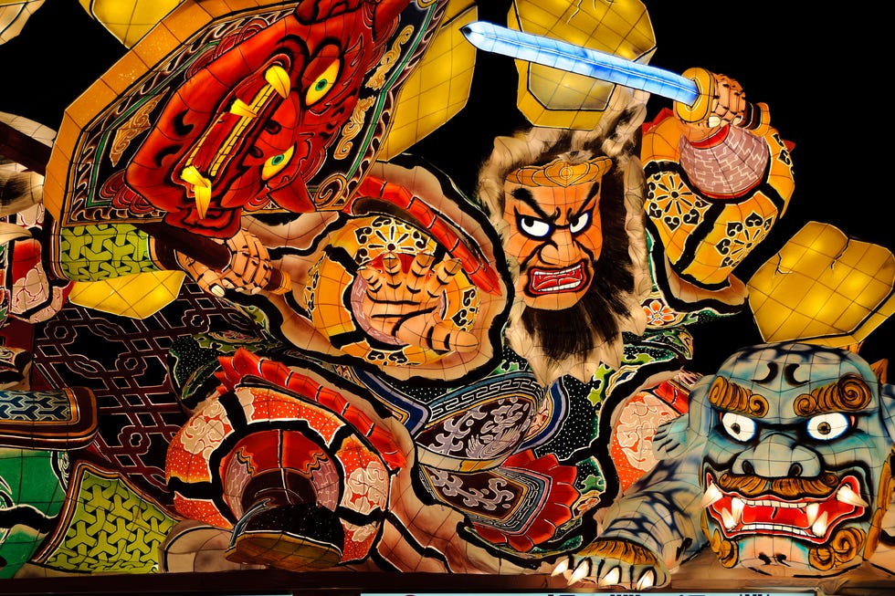 the aomori nebuta festival is designated as an important intangible folk cultural asset of japan. from august 2 to 7 every year, about 20 huge doll shaped floats made of paper and framed with wire are paraded through aomori city.