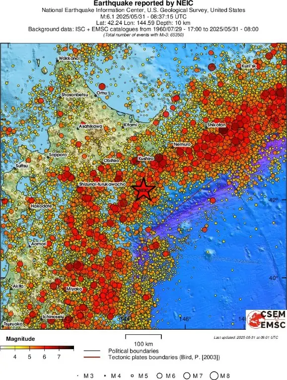 m6.1 earthquake hokkaido japan on may 31 2025 emsc regional seismicity