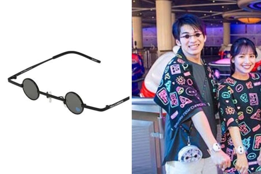 Round Baymax glasses on the left; two smiling people in similar sunglasses and patterned shirts on the right.