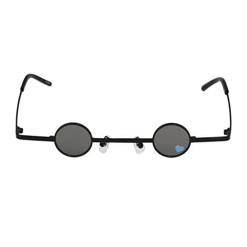 Front view of round, black sunglasses with dark lenses and a small blue heart detail on the right lens.