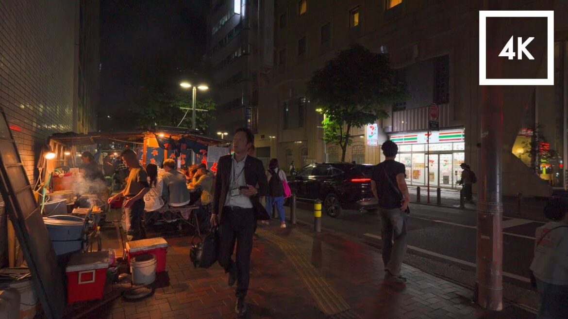 Japan - Walking through Tenjin at night, where iconic yatai abound // 4K