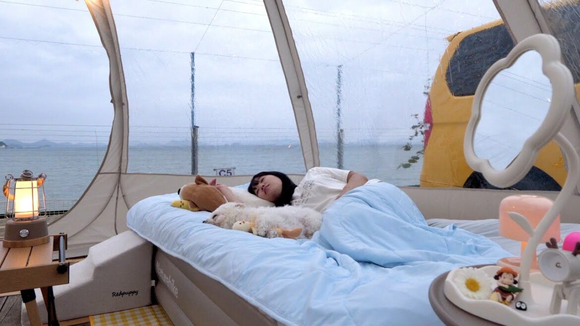 파도 소리 들리는 바닷가 앞 강아지와 투명 텐트 치고 아늑한 하룻밤 / 솔로캠핑 브이로그 / 스팸 순두부 찌개. 스팸 샌드위치 / 누잠 냉감 이불