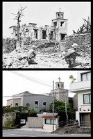 Top: A photo taken in 1945 by the U.S. military, now kept by the Okinawa Prefectural Archives, shows Shuri Church. Bottom: The old chapel of Shuri Church, restored in 2017, is pictured in the city of Naha in May 2025. (Mainichi/Shinnosuke Kyan) 