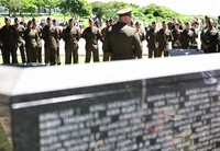 Foreign military personnel visit the Cornerstone of Peace monument in Itoman, Okinawa Prefecture, June 23, 2025, observed as Okinawa Memorial Day. (Mainichi/Tatsuro Tamaki)