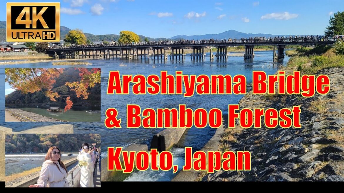 Walking tour of Arashiyama Bridge on the magnificent Arashiyama River, Kyoto, Japan. Day Two.