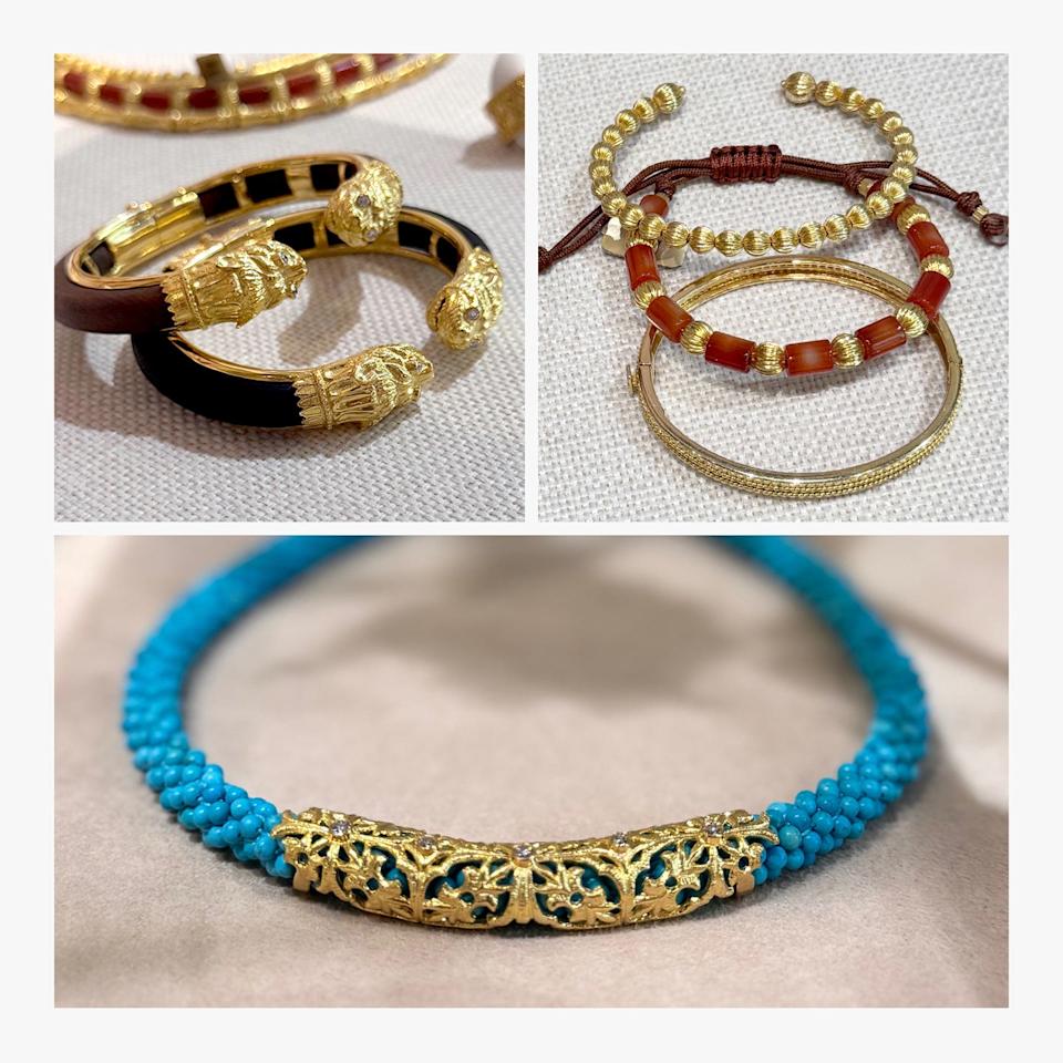 Lalaounis Various types of decorative bracelets and a necklace featuring intricate designs and colors.