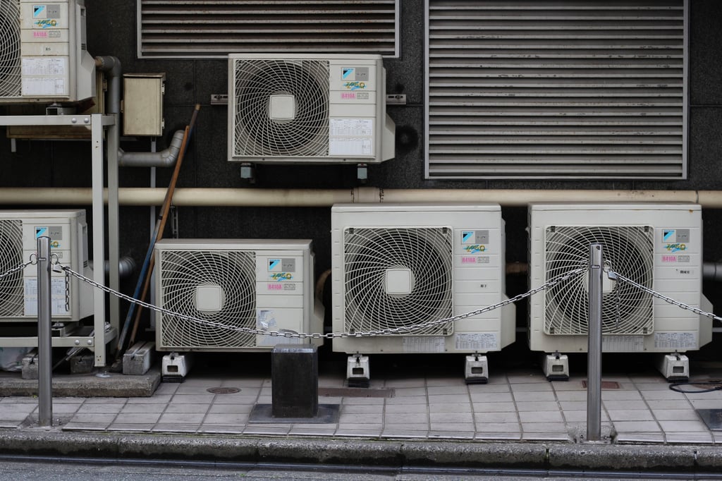 Air conditioners in a multi-story building in Chiba City. There were 402 cases of stolen air-conditioning units in Chiba prefecture last year, according to the National Police Agency. Photo: Shutterstock