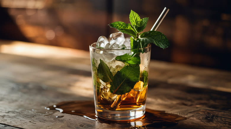 A mint julep in a glass, with ice and a sprig of spearmint