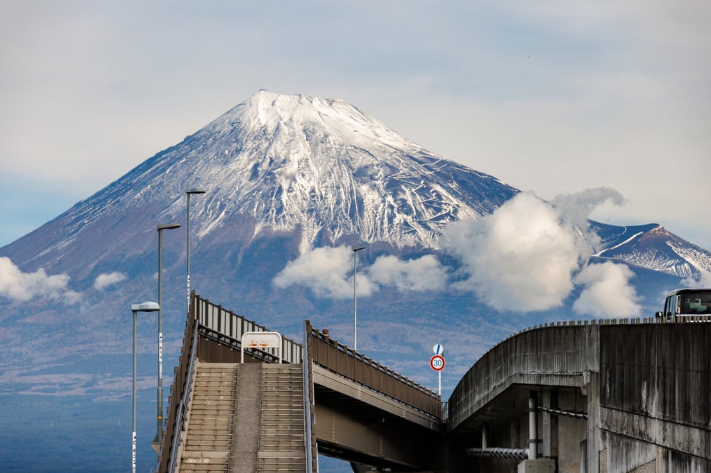 View of Mount Fuji from the Shizuoka ‘dream bridge’. Photo: Getty Images