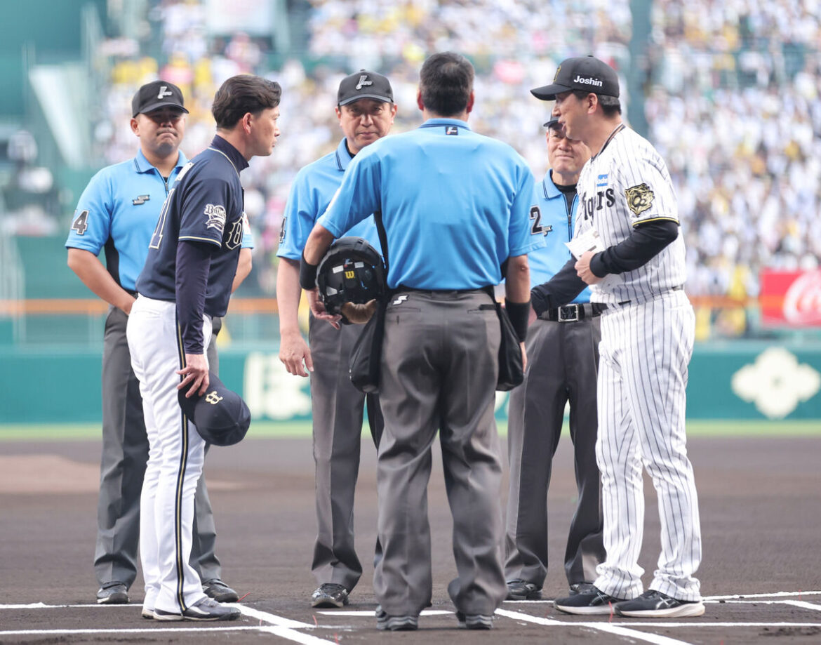 試合前、メンバー表交換する岸田護監督（左）と藤川球児監督（右）（カメラ・岩田　大補）