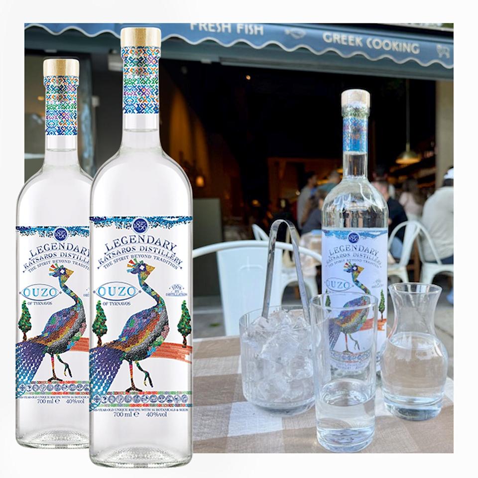Bottles of ouzo on a restaurant table