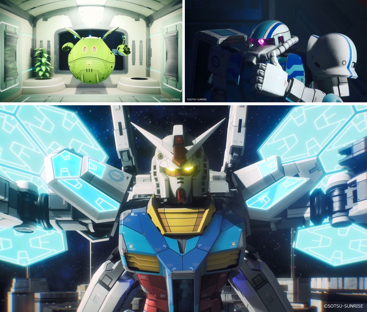 Clockwise from top left: Haro, the beloved mascot of the Gundam series; familiar mobile suits appear with new designs; Gundam equipped with the Glass Feather, a solar panel wing on its back. (© Sōtsū/Sunrise)     