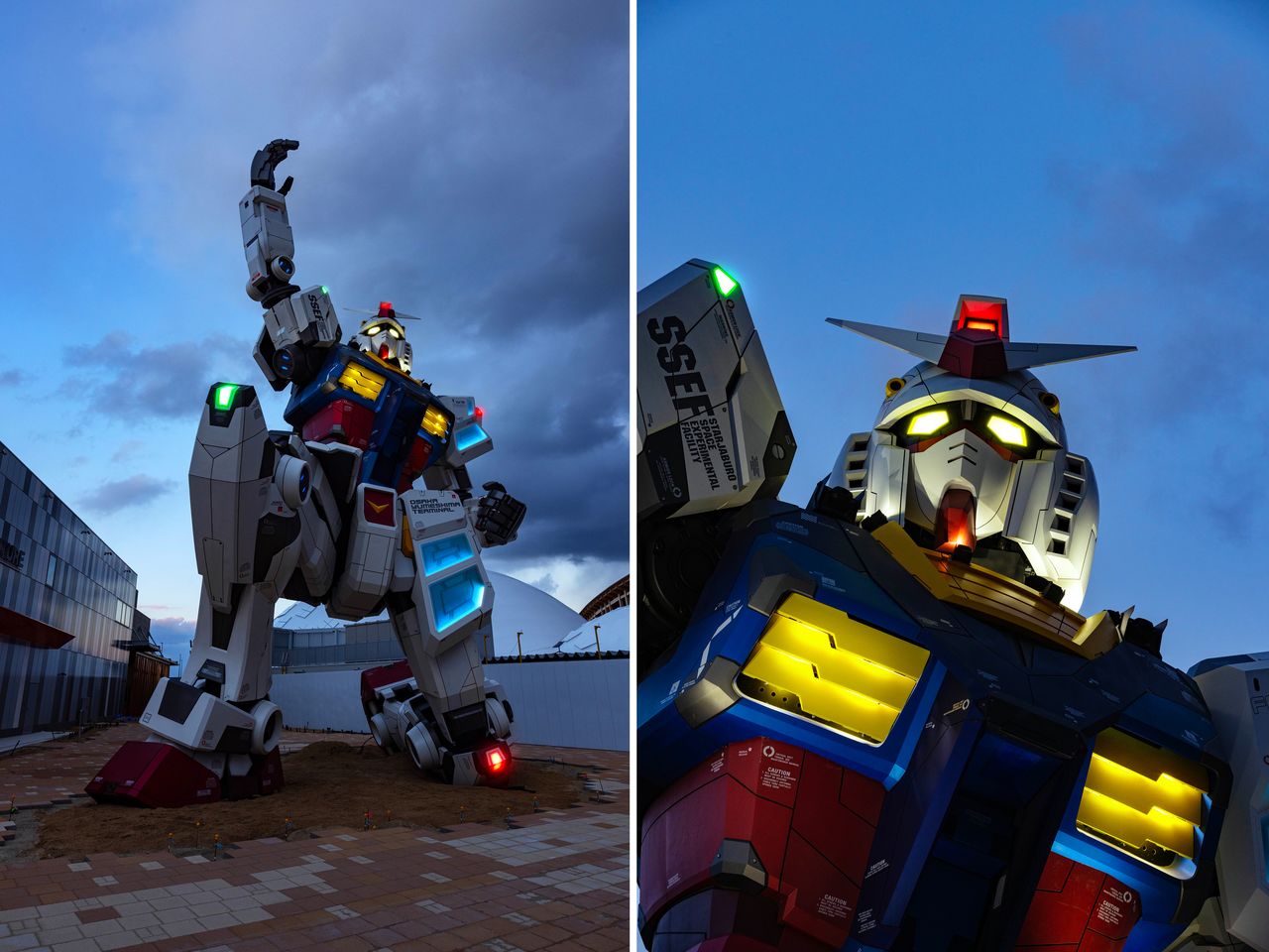 The life-sized Gundam statue illuminated at night. (© Sōtsū/Sunrise)