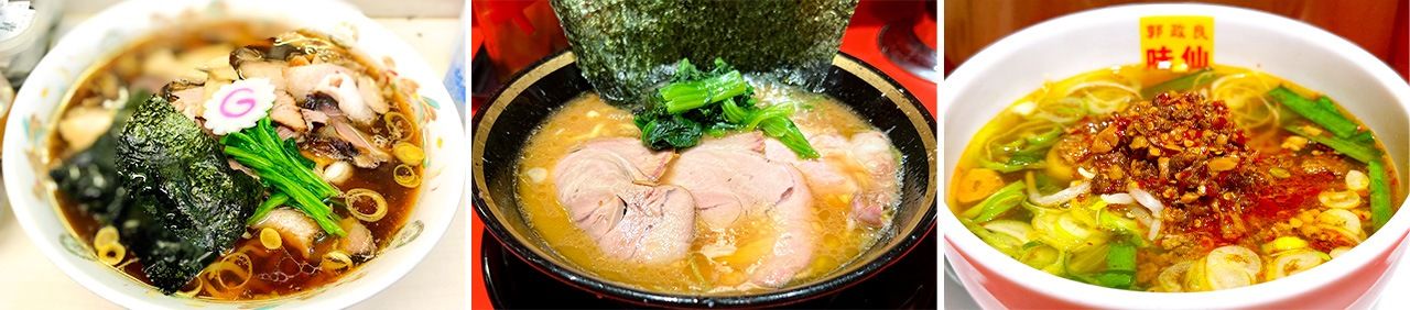 Niigata-style shōga-jōyu ramen: Aoshima Shokudō (Kanda Sakumachō, Chiyoda); Yokohama-style iekei ramen: Kan2ya (Nishi Kamata, Ōta); Nagoya-style Taiwan ramen: Kaku Masayoshi Misen (Uchi-Kanda, Chiyoda, and Shinbashi, Minato)