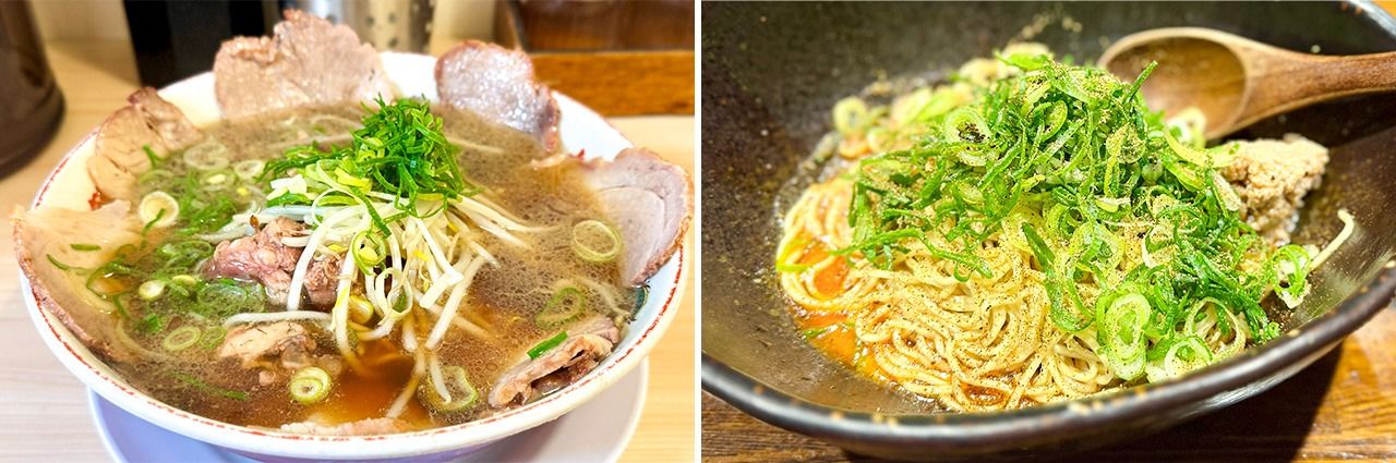 Kyoto-style shōyu ramen: Honke Daiichi Asahi (Shinjuku, Shinjuku and Kanda Jinbōchō, Chiyoda); Hiroshima-style shirunashi tantanmen: King-ken (Kajichō, Chiyoda)