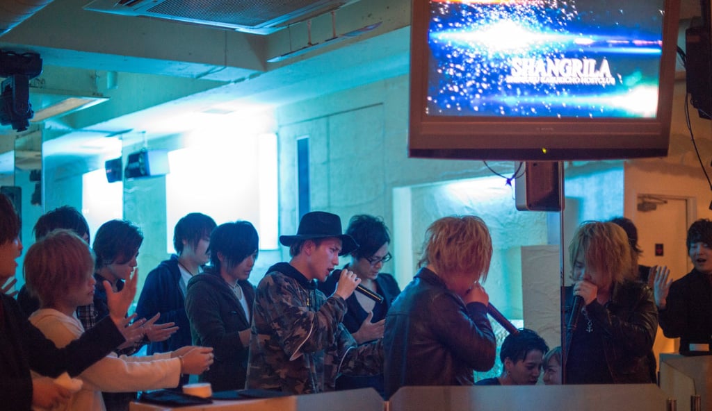 Hosts perform the so-called champagne call at the Shangrila Host Club in Shinjuku, Tokyo. Photo: Rob Gilhooly